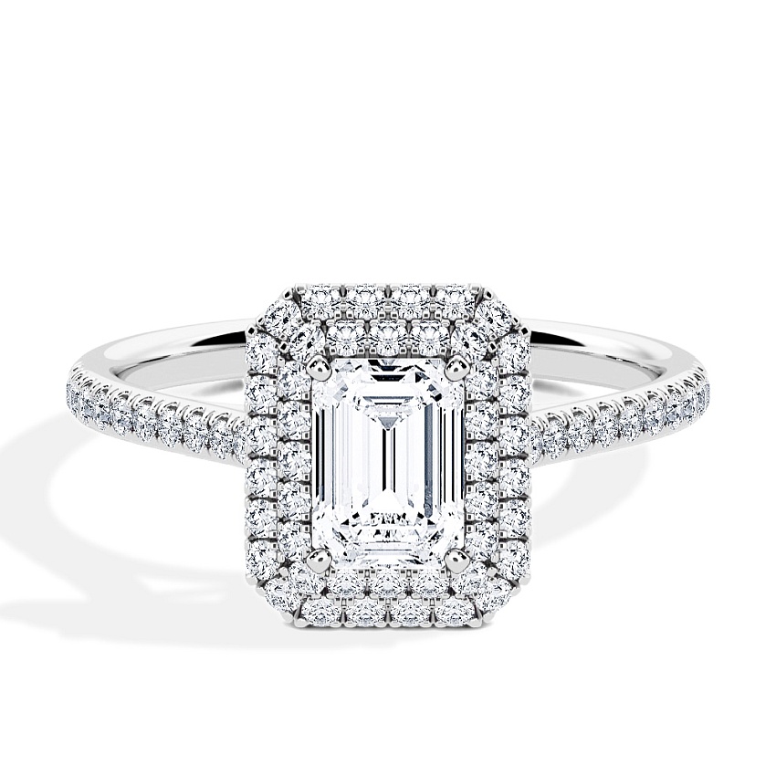 Anillo de compromiso Oro blanco - 0.80 kt Esmeralda - Modelo N°3410, Halo, Pavé
