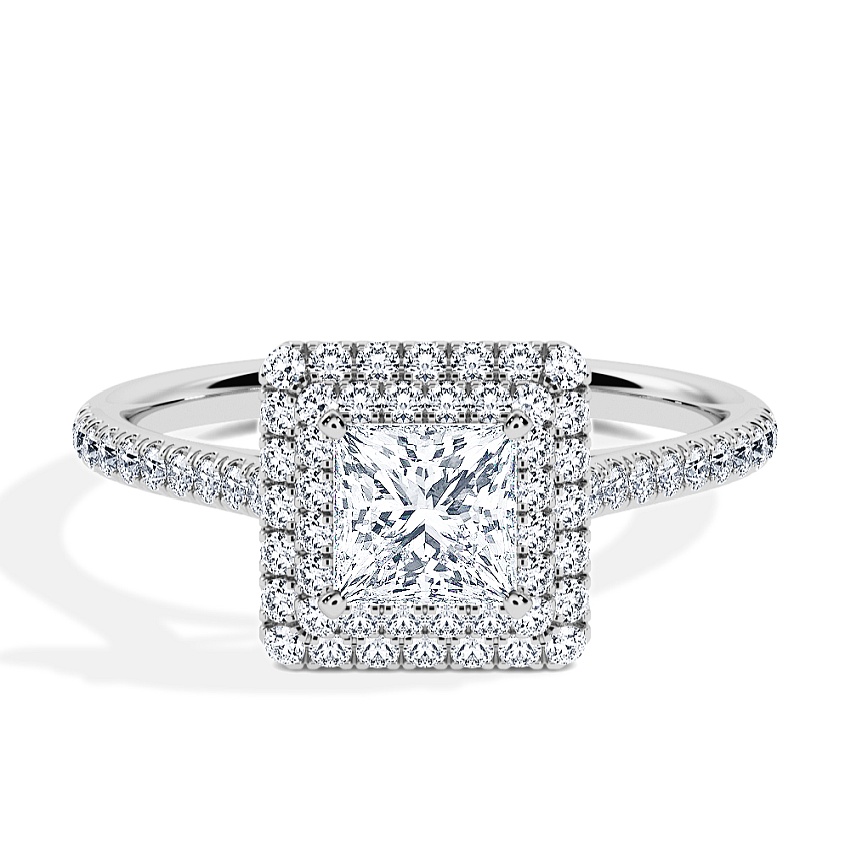 Anillo de compromiso Platino - 0.80 kt Princesa - Modelo N°3410, Halo, Pavé Anillo de compromiso Platino - 0.80 kt Princesa - Modelo N°3410, Halo, Pavé